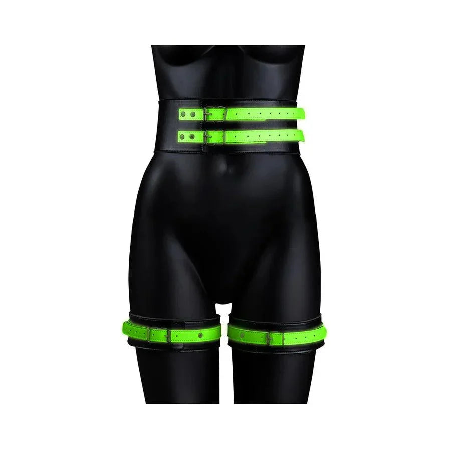Ouch! Glow in the Dark 5-Piece Bonded Leather Thigh & Handcuffs With Belt Restraint Neon Green - Buy At Luxury Toy X - Free 3-Day Shipping