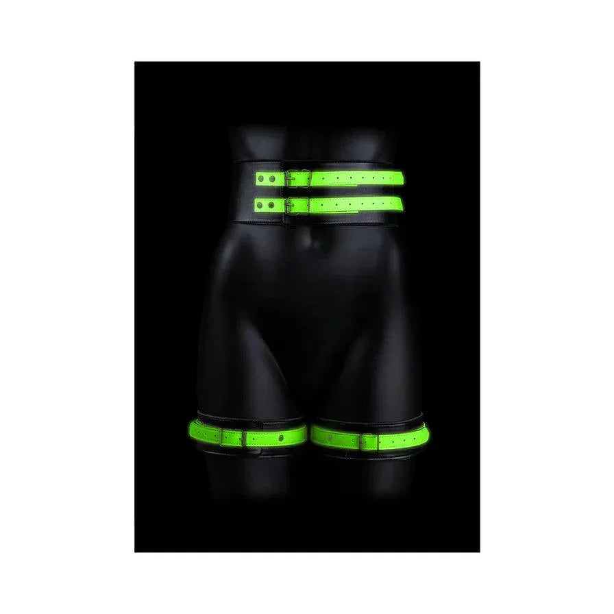 Ouch! Glow in the Dark 5-Piece Bonded Leather Thigh & Handcuffs With Belt Restraint Neon Green - Buy At Luxury Toy X - Free 3-Day Shipping