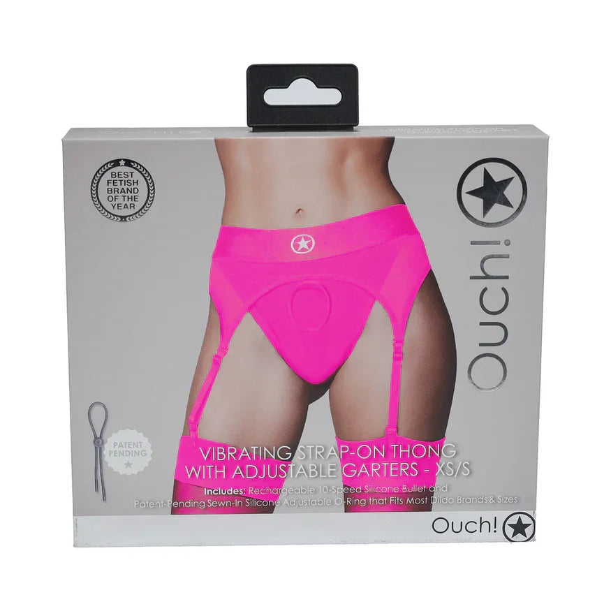 Ouch! Vibrating Strap-On Thong with Adjustable Garters - Pink Ouch! Vibrating Strap-On Thong with Adjustable Garters - Pink
