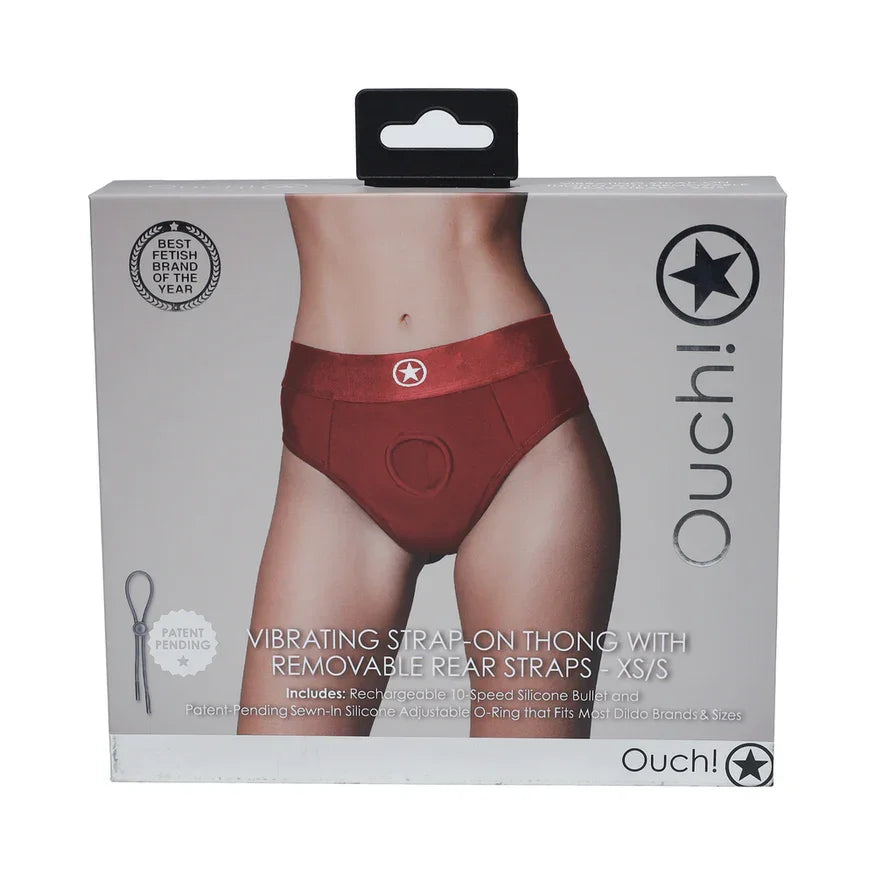 Ouch! Vibrating Strap-On Thong with Removable Butt Straps - Red Ouch! Vibrating Strap-On Thong with Removable Butt Straps - Red