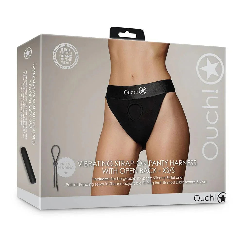 Shots Ouch! Vibrating Strap-on Panty Harness with Open Back Black Shots Ouch! Vibrating Strap-on Panty Harness with Open Back Black