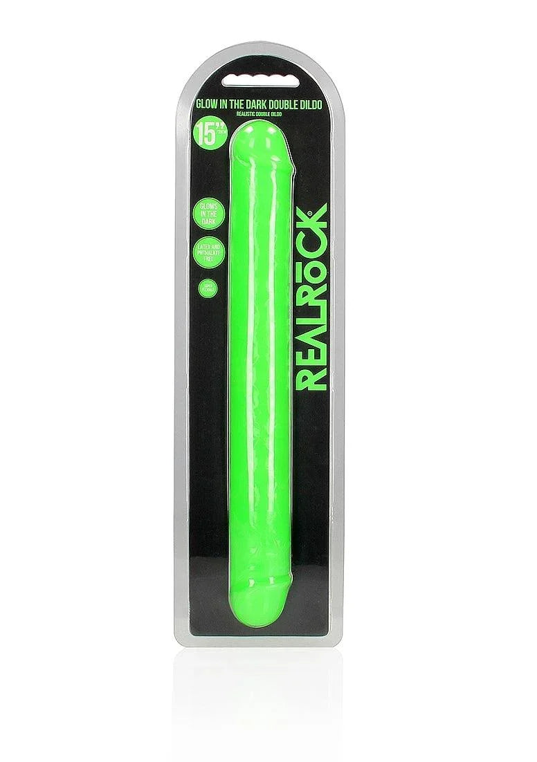 Shots RealRock Glow in the Dark Double Dong 15 in. Dual-Ended Dildo - Buy At Luxury Toy X - Free 3-Day Shipping