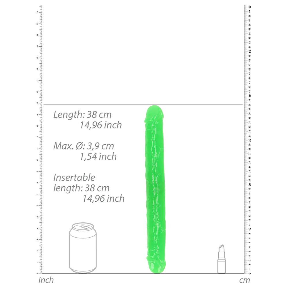 Shots RealRock Glow in the Dark Double Dong 15 in. Dual-Ended Dildo - Buy At Luxury Toy X - Free 3-Day Shipping
