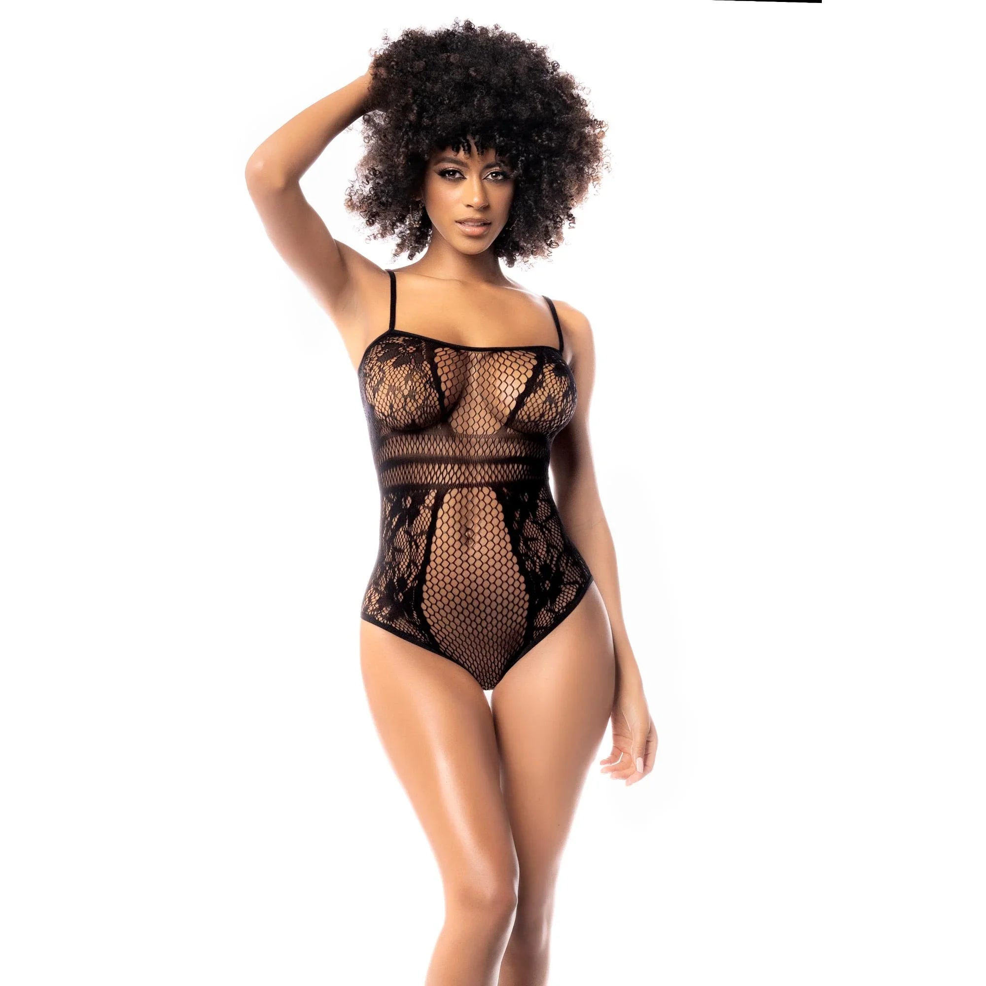 Mapale 2025 Lace & Fishnet Bodysuit – Seductive Sheer Black One-Piece