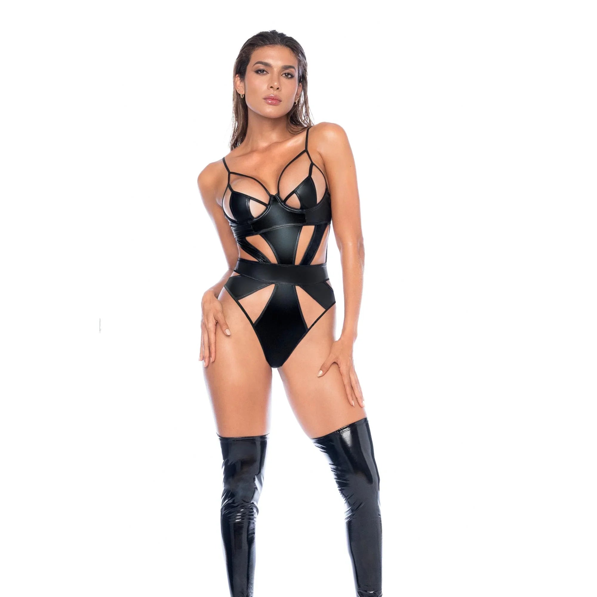 Mapale 2025 Wet-Look Cutout Bodysuit – Black Strappy One-Piece with Underwire & Sculpting Fit
