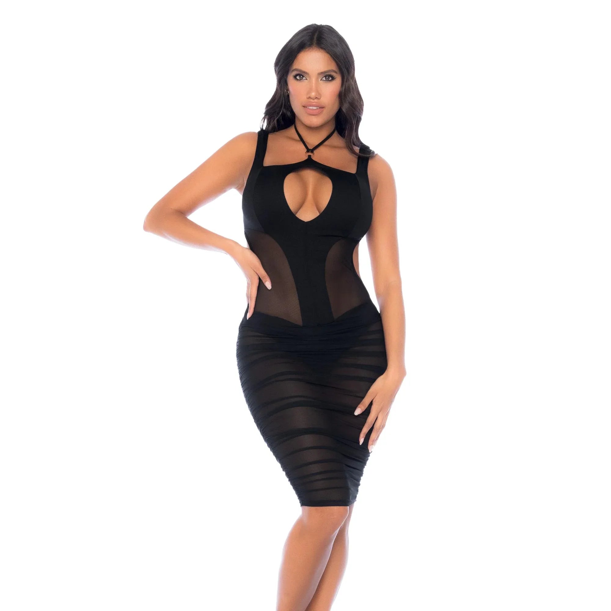 Mapale 2025 Black Sheer Mesh Midi Dress with Halter Neck & Center Ring