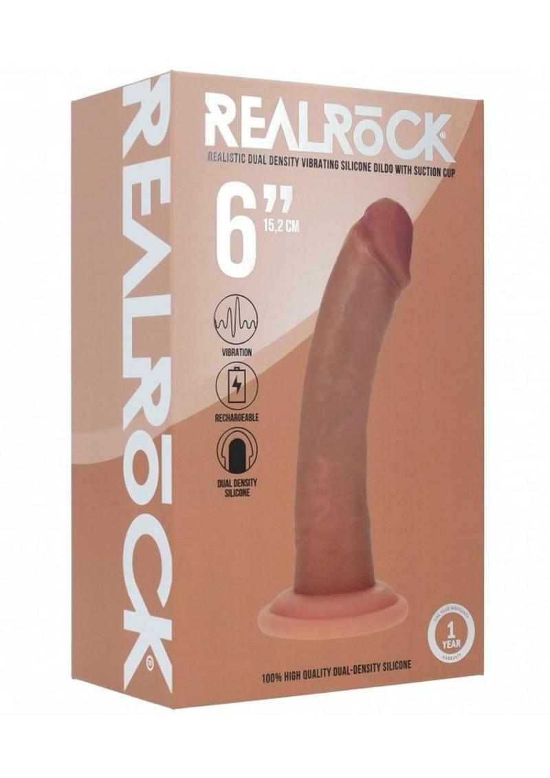 Realrock Dual Layered Rechargeable Silicone Curved Realistic Vibrating Dildo with Suction Cup 6in