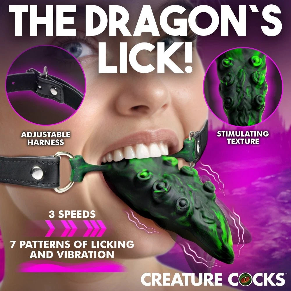 Creature Cocks Dragon’s Lick Vibrating Silicone Oral Enhancer with Harness – Rechargeable Waterproof Tongue Stimulator