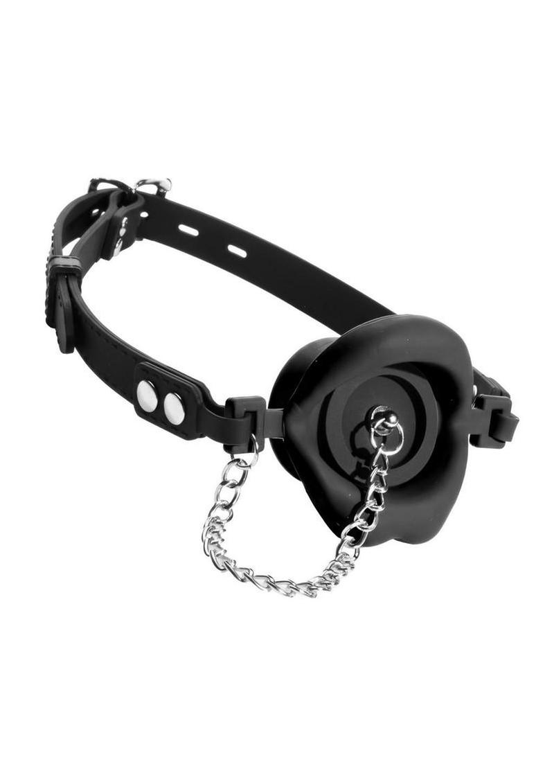 Master Series Plugged Silicone Feeding Gag – Adjustable Mouth Gag with Removable Plug