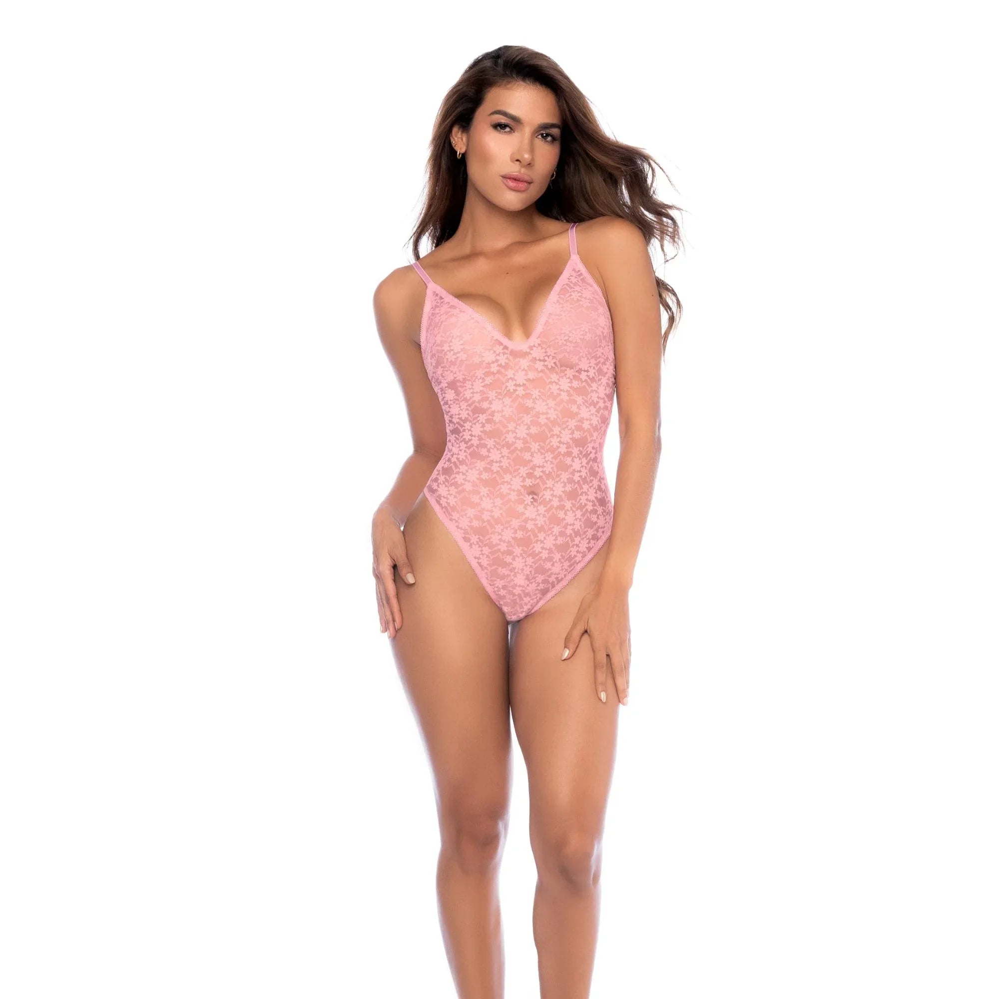 Mapale  Light Pink Floral Lace Bodysuit with Adjustable Straps – Romantic Lingerie Staple