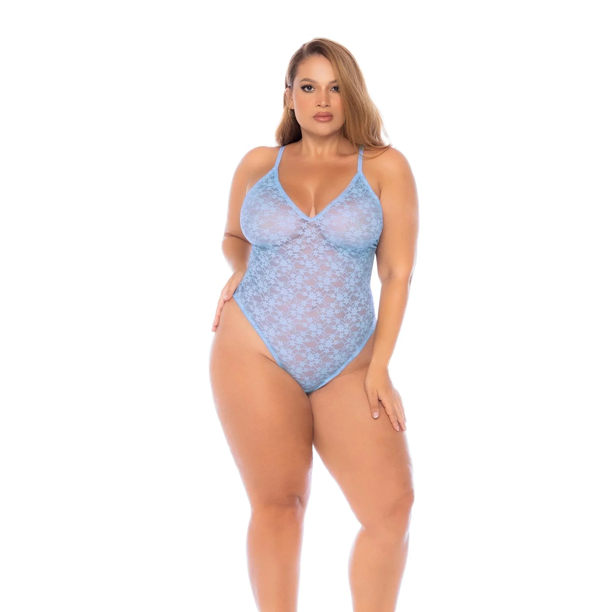 Mapale  Plus Size Light Blue Floral Lace Bodysuit with Adjustable Straps – Romantic Curve-Hugging Lingerie