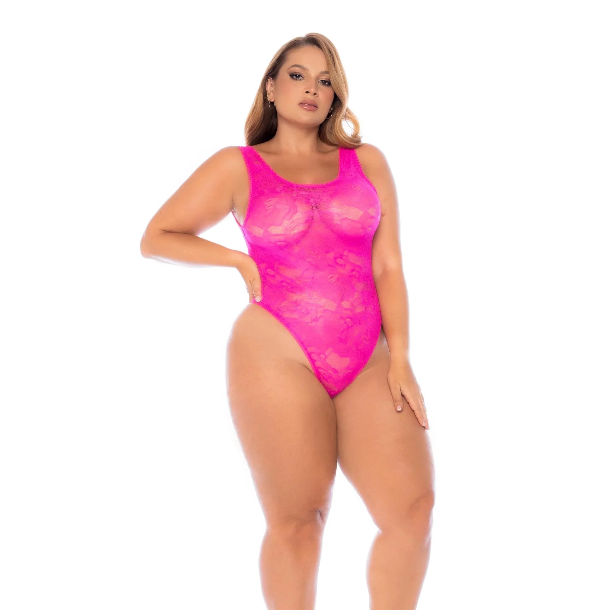 Mapale Lingerie 2025 Volume II – Plus Size Bold Pink Lace Bodysuit with Lace-Up Back