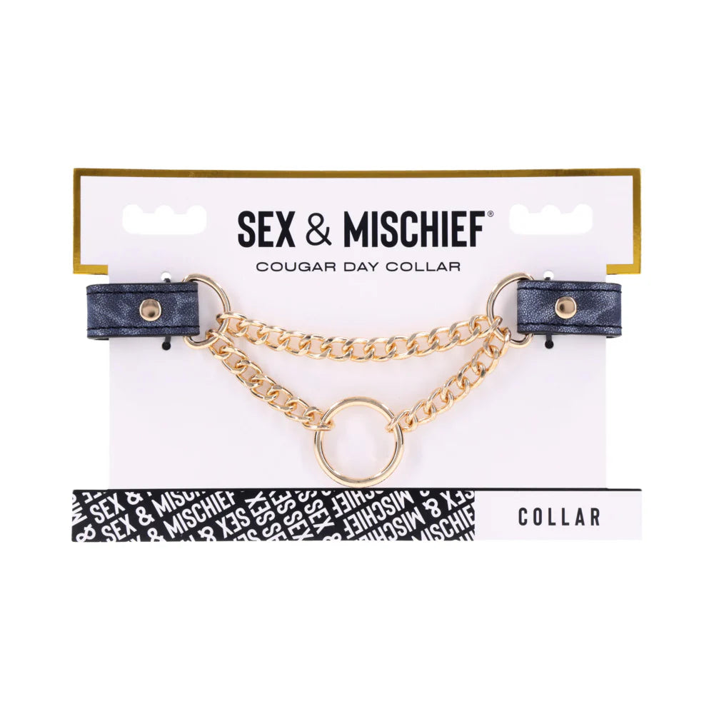 Sex & Mischief Cougar Day Collar – Navy/Gold Faux Leather BDSM Collar with Gold Ring