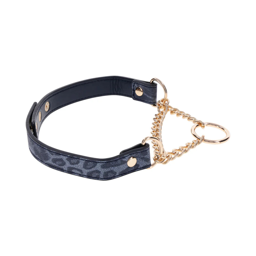 Sex & Mischief Cougar Day Collar – Navy/Gold Faux Leather BDSM Collar with Gold Ring