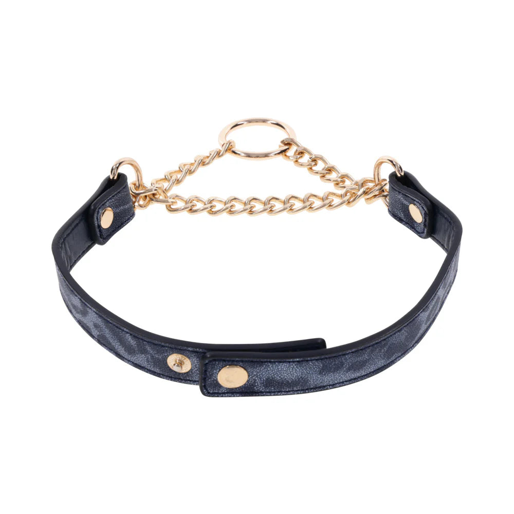 Sex & Mischief Cougar Day Collar – Navy/Gold Faux Leather BDSM Collar with Gold Ring