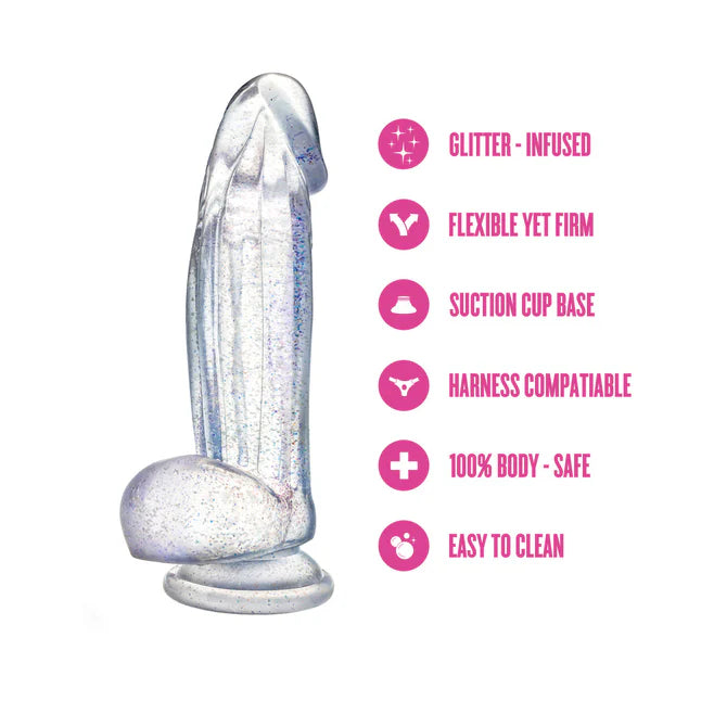 Naturally Yours Bling Glitter Silicone Dildo with Balls 7.5” – Suction Cup & Harness Compatible