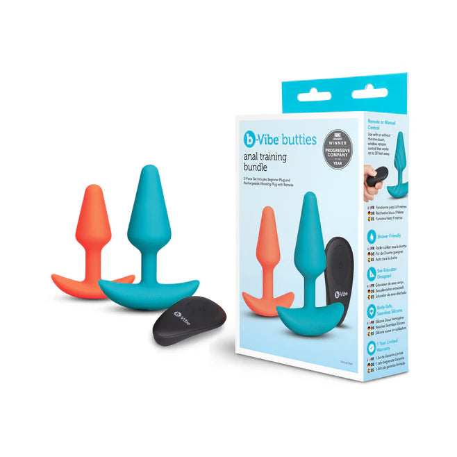 B-Vibe Butties Anal Training Set with Remote – 2-Piece Silicone Plug Bundle (Vibrating + Beginner)