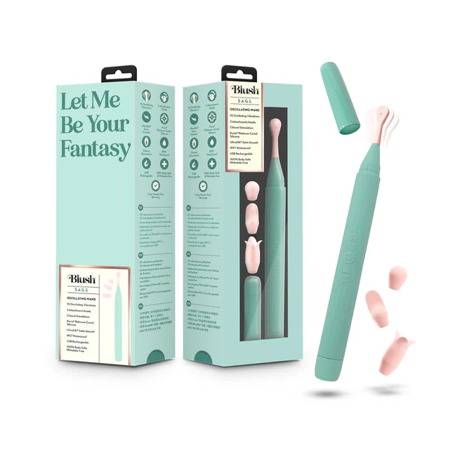 Blush Collection Sage Oscillating Wand Vibrator – Rechargeable Silicone with Attachments