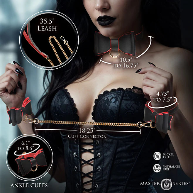 Master Series Goth Bondage Set Vegan Leather with Collar, Cuffs & Chain Leash