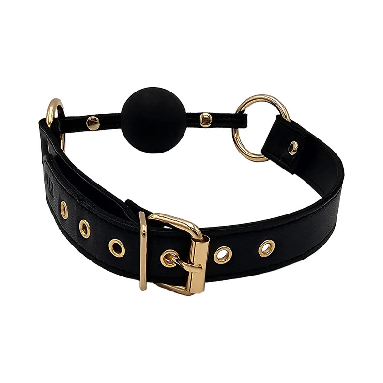 Leather Ball Gag with Gold Hardware