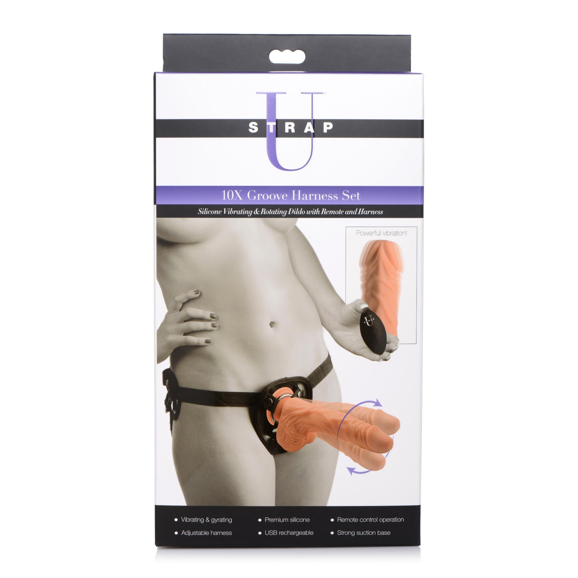 Strap U 10X Groove Harness with Vibrating and Rotating Silicone Dildo