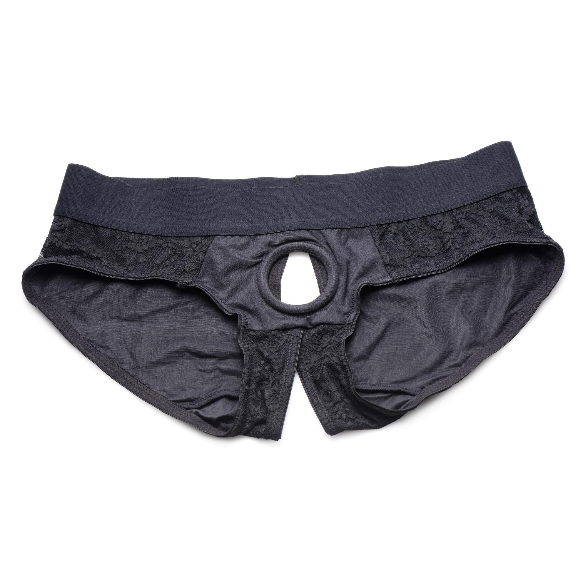 Strap U Lace Envy Lace Crotchless Panty Harness Black/Black