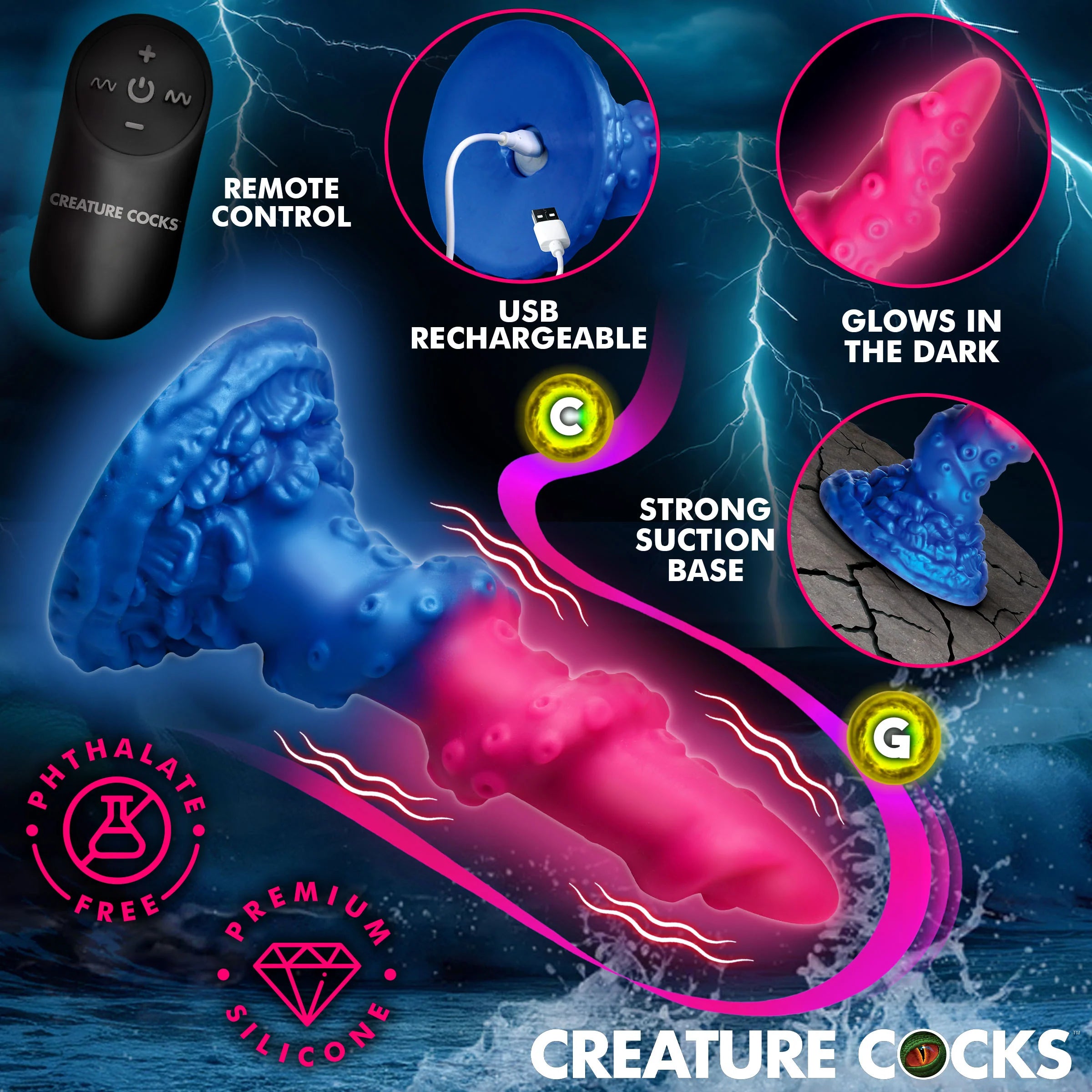 Creature cocks Deluxe Lord Kraken Vibrating Rechargeable Silicone Glow-in-the-Dark Dildo