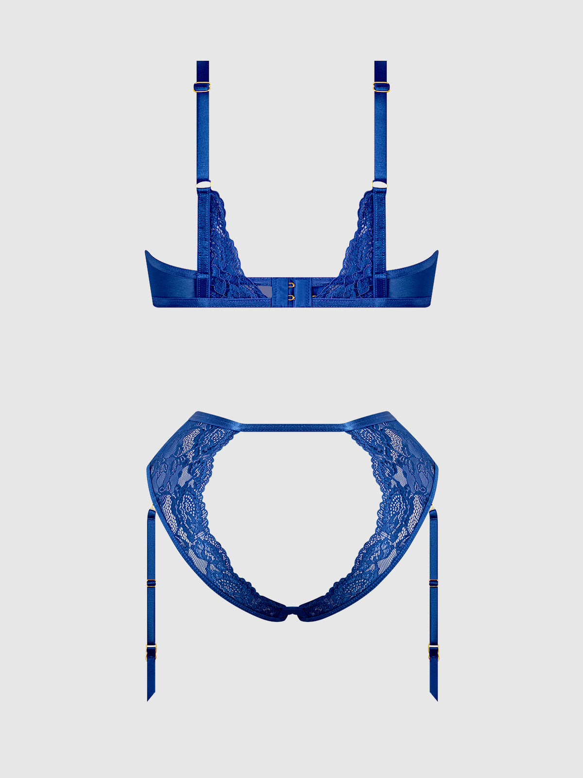 House of Desire Harlow Lace Underwire Bra & High Waist Backless Panty Set - Blue - product view