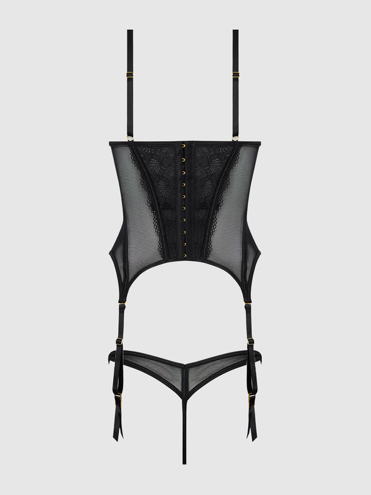 House of Desire Vivienne Lace & Mesh Bustier & G-String Set - Black - product view