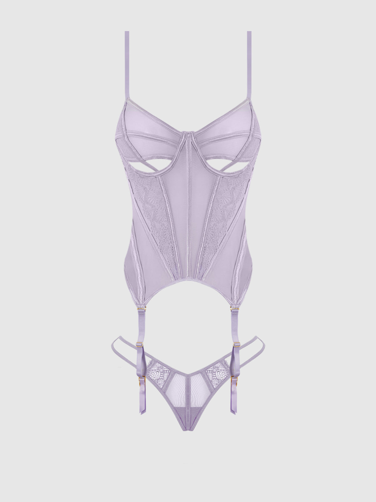 House of Desire Vivienne Lace & Mesh Bustier & G-String Set - Purple - product view