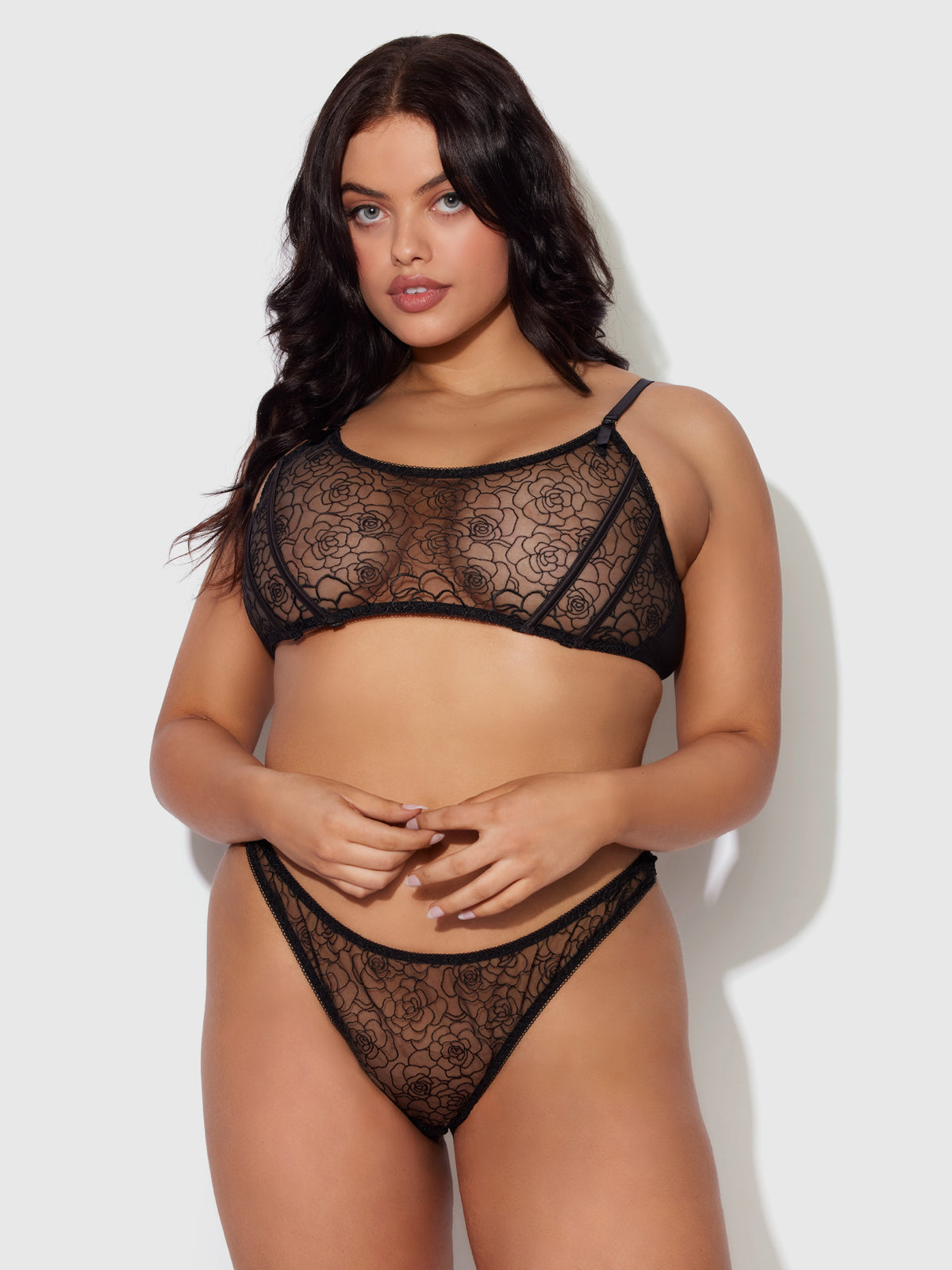 House of Desire Rosalie Embroidered Lace Garter Bralette & Tanga Set - Black - product view
