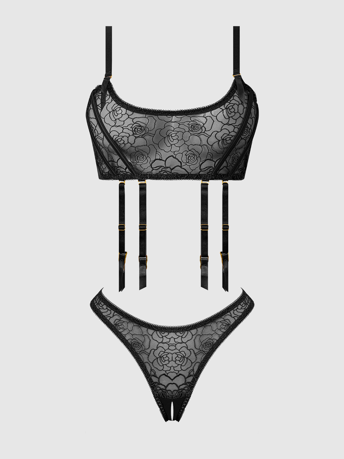 House of Desire Rosalie Embroidered Lace Garter Bralette & Tanga Set - Black - product view