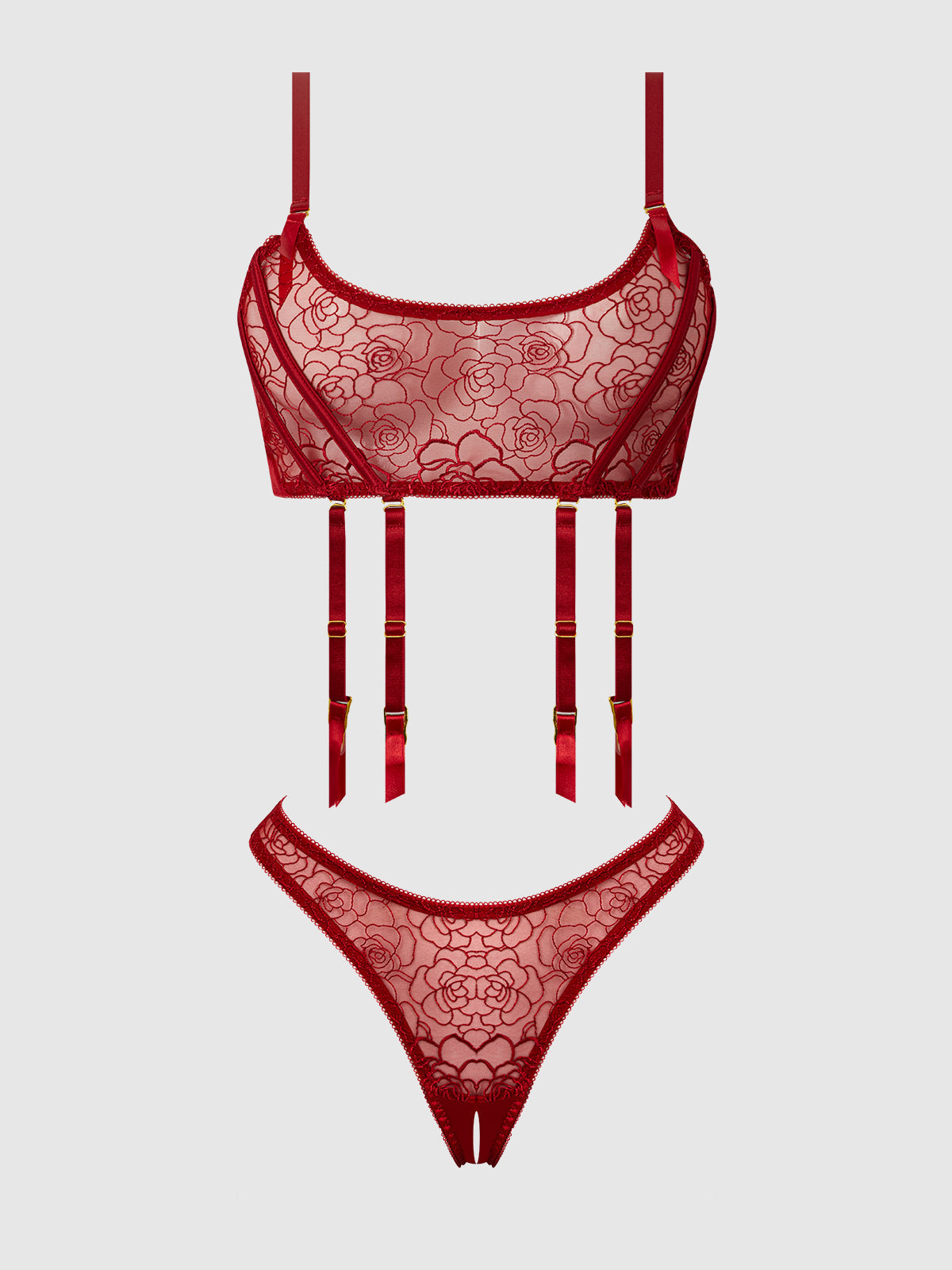 House of Desire Rosalie Embroidered Lace Garter Bralette & Tanga Set - Red - product view