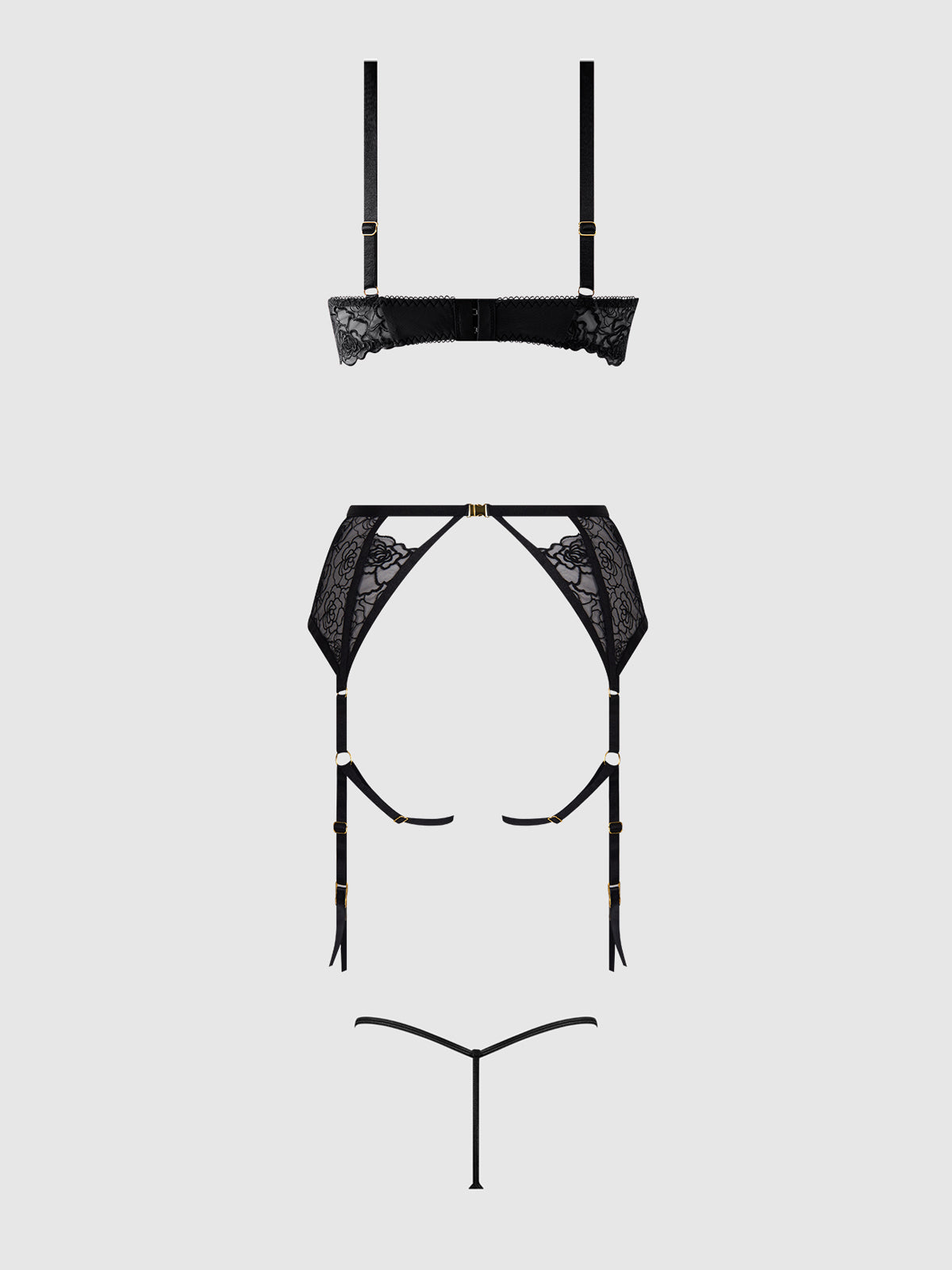House of Desire Rosalie Embroidered Lace Open-Cup Bra, Garter & G-String Set - Black - product view