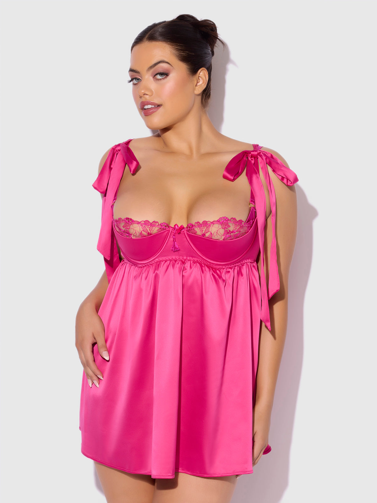 House of Desire Brigeta Satin Open Cup Babydoll & G-String Set - Pink - product view