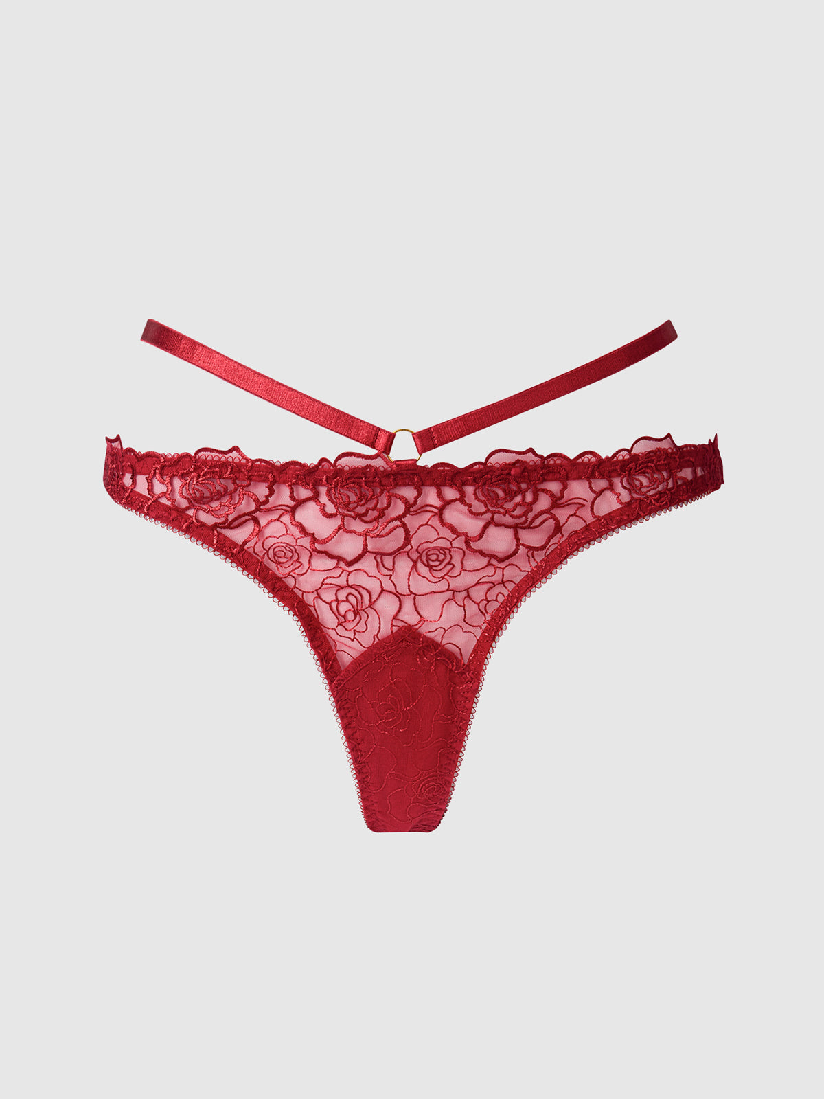House of Desire Rosalie Satin & Embroidered Lace Strappy Tanga - Red - product view