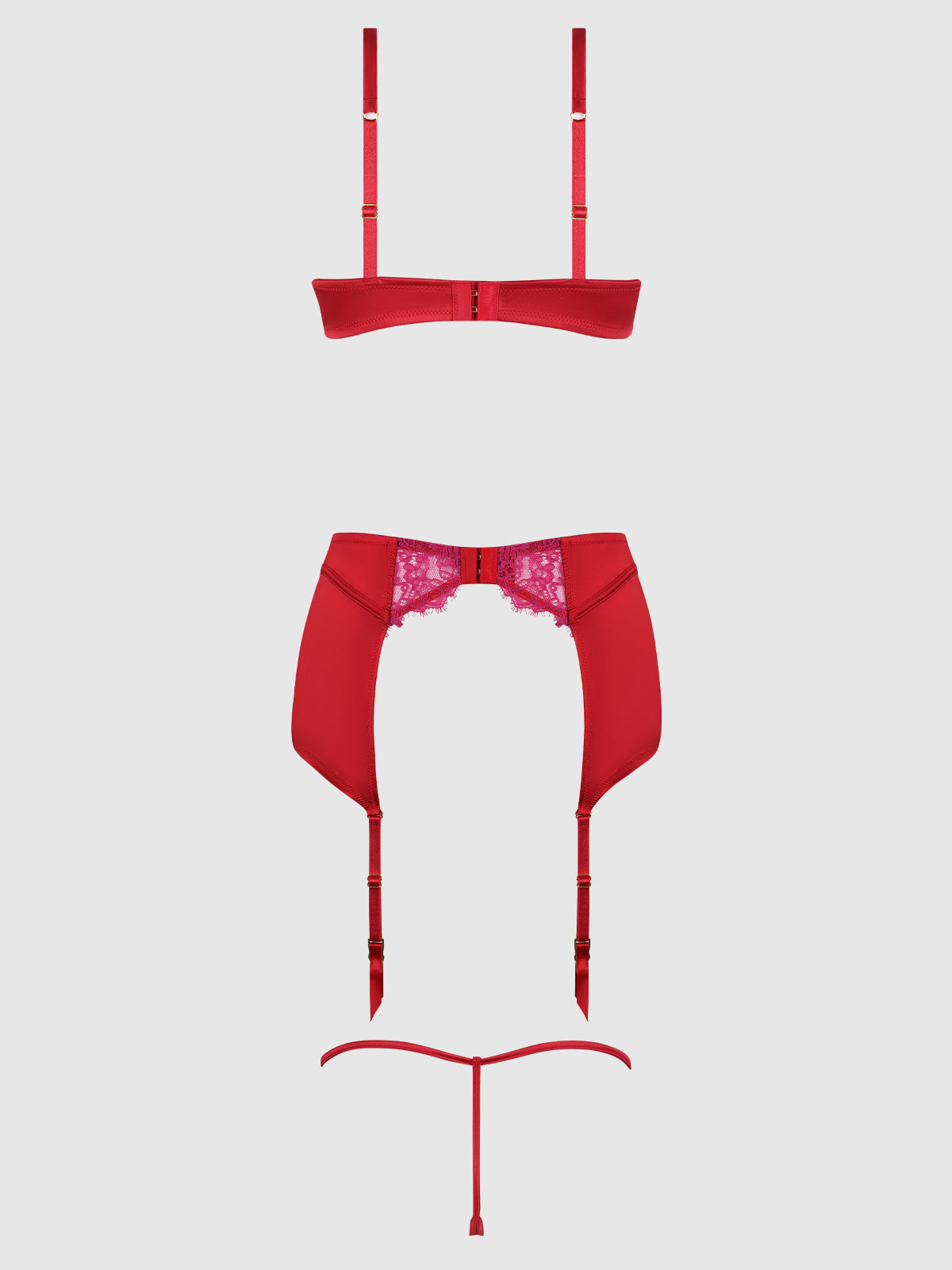 House of Desire Jocelyn Lace & Satin Bra, Skirt & Crotchless G-String Set - Red - product view