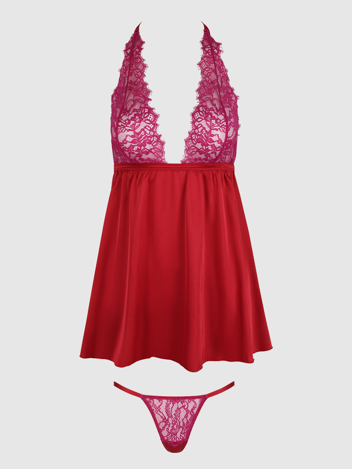 House of Desire Jocelyn Lace & Satin Drop Off Babydoll & G-String Set - Red - product view