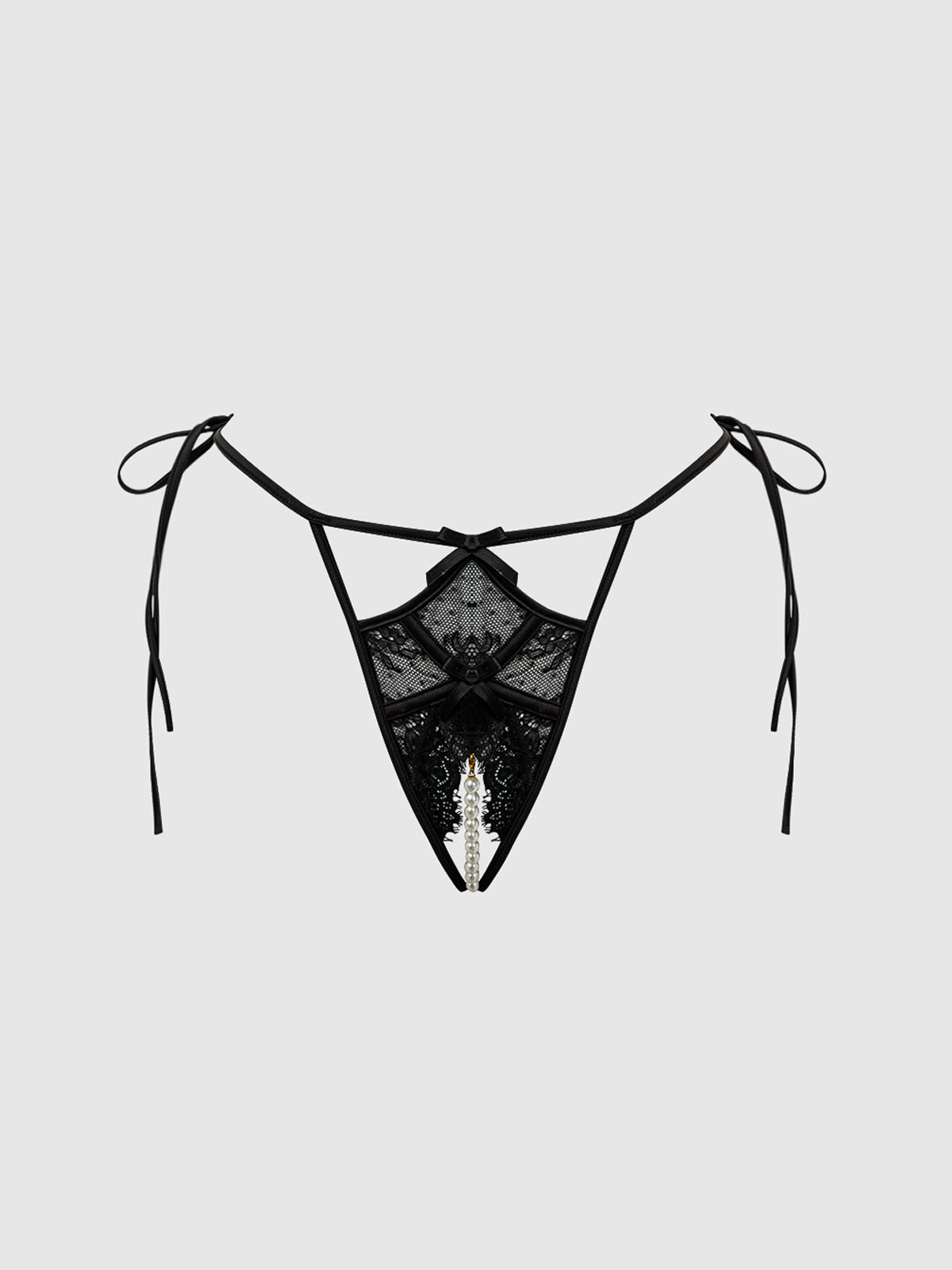 House of Desire Jocelyn Lace & Pearl Crotchless Tie Side Bikini - Black - product view