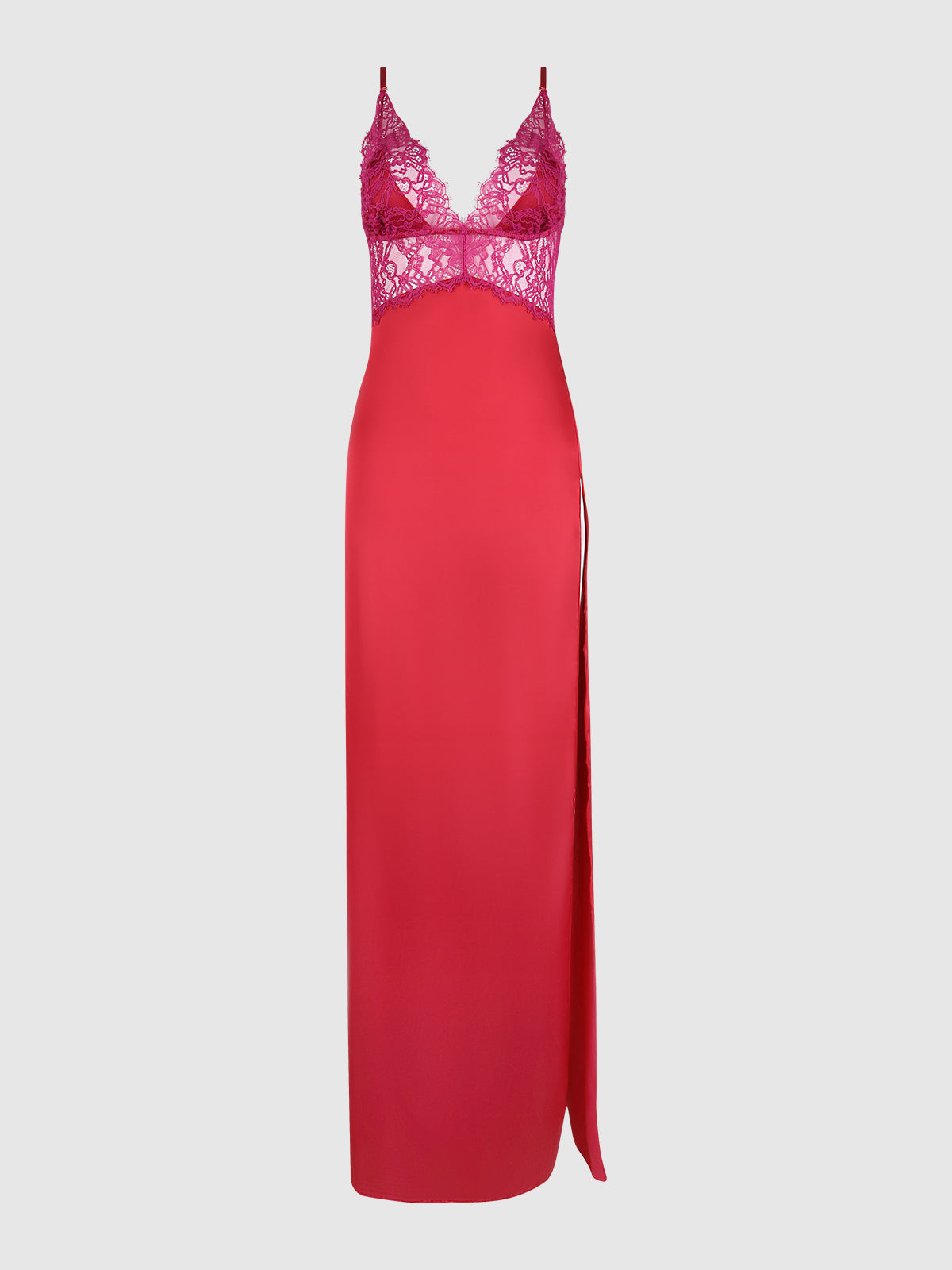 House of Desire Jocelyn Satin & Lace Long High Slit Gown - Red - product view