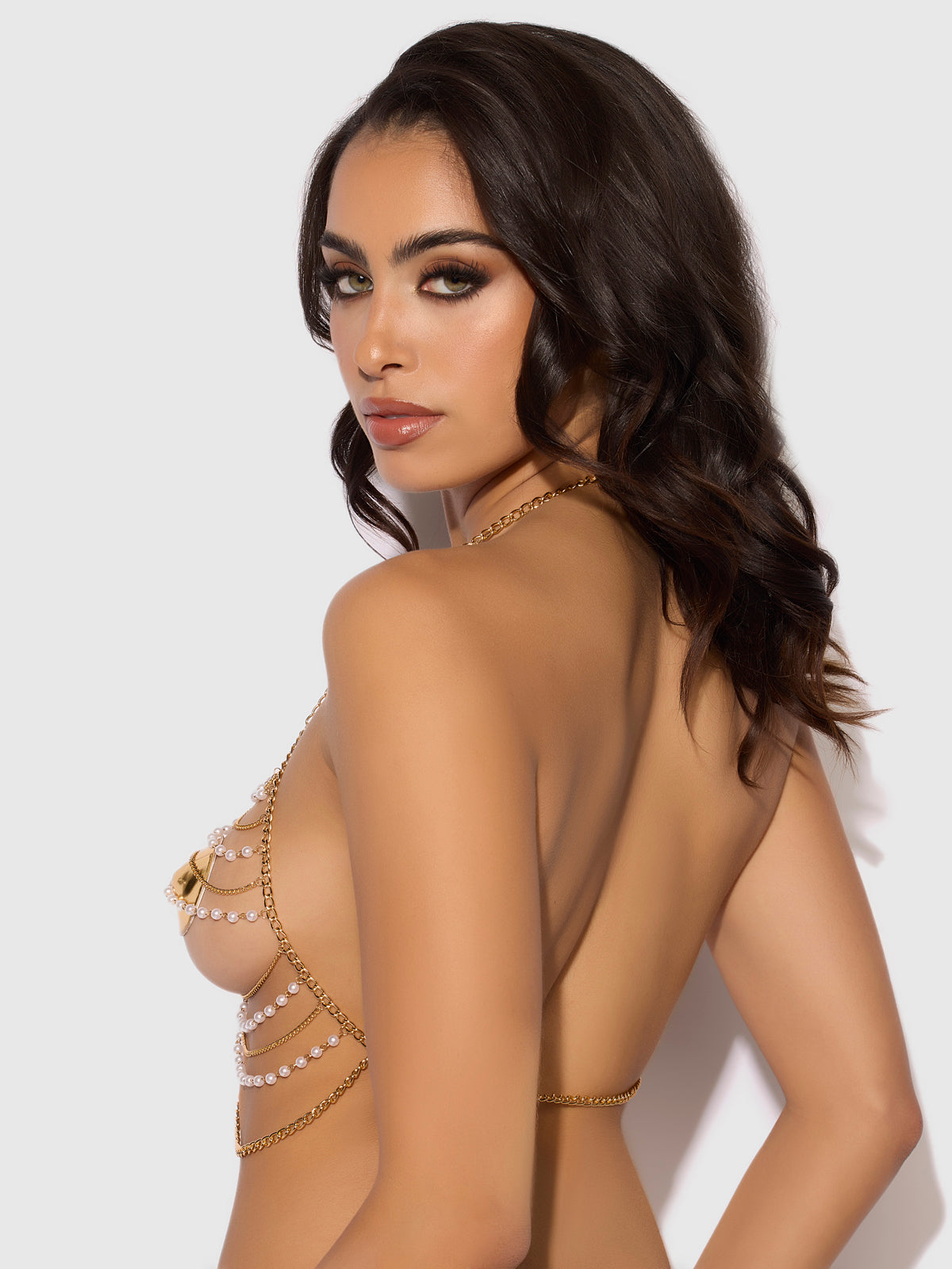 House of Desire Pearl & Chain Draped Bralette - Gold - product view