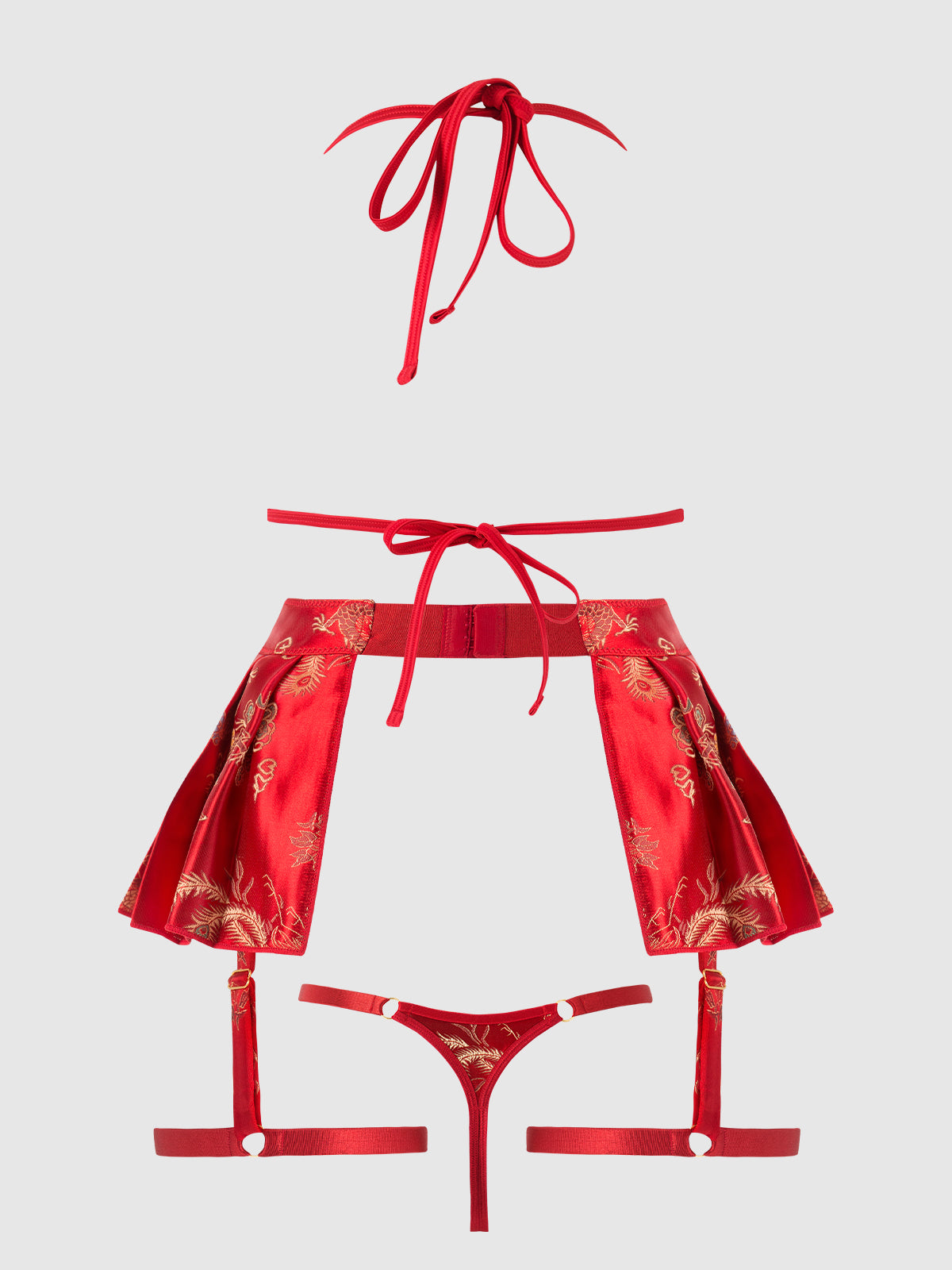 House of Desire Dragon Triangle Bralette, Skirted Garter & Thong Set - Red - product view