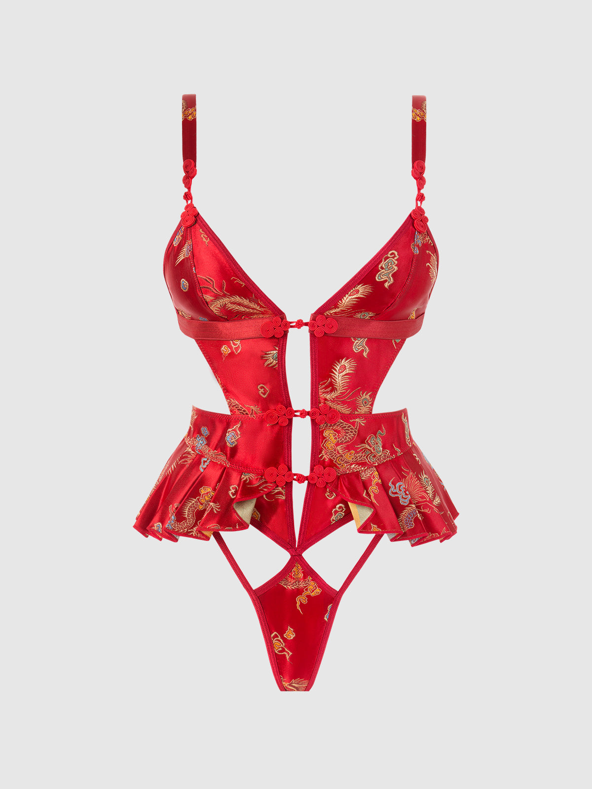 House of Desire Dragon Satin Skirted Teddy - Red - product view