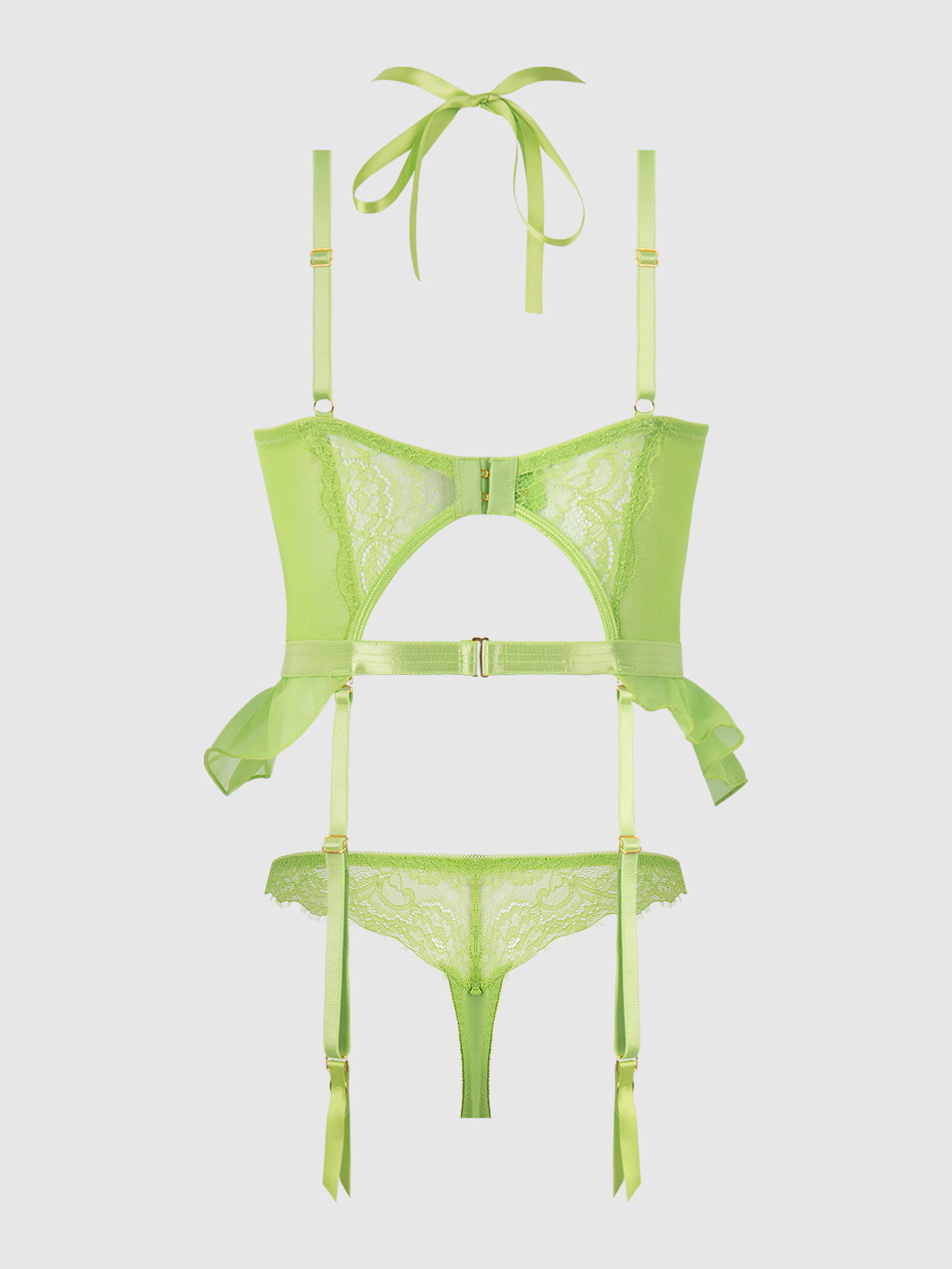 House of Desire Shavon Lace & Chiffon Bustier & Thong Set - Green - product view