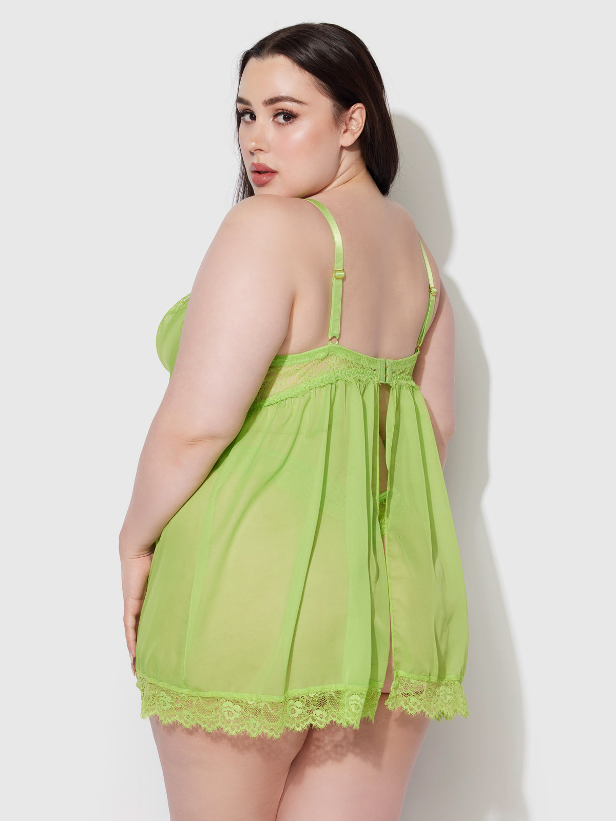 House of Desire Shavon Lace & Chiffon Babydoll & G-String Set - Green - product view