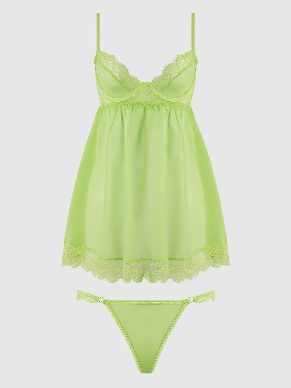 House of Desire Shavon Lace & Chiffon Babydoll & G-String Set - Green - product view