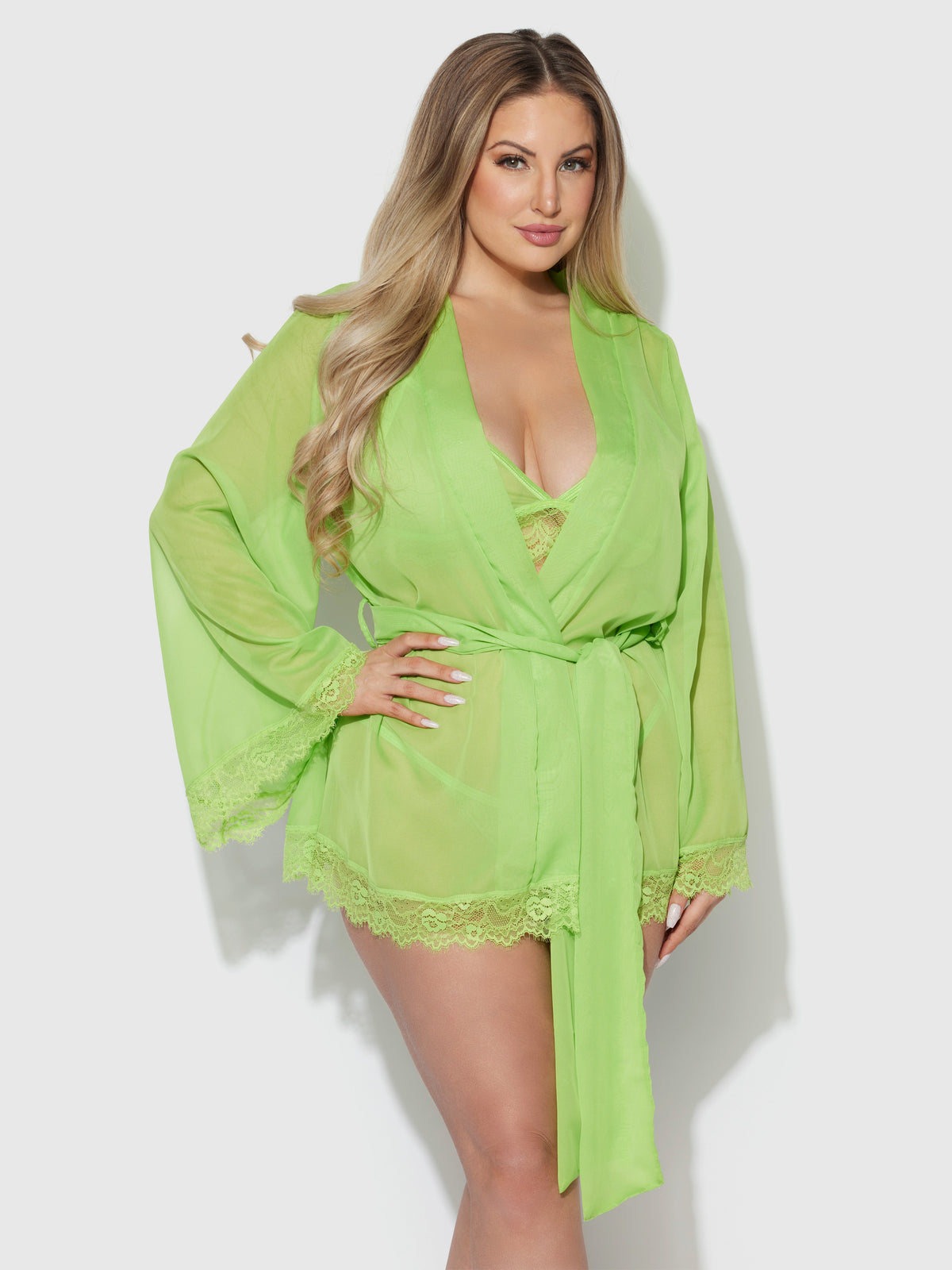 House of Desire Shavon Lace & Chiffon Robe, Bralette & G-String Set - Green - product view