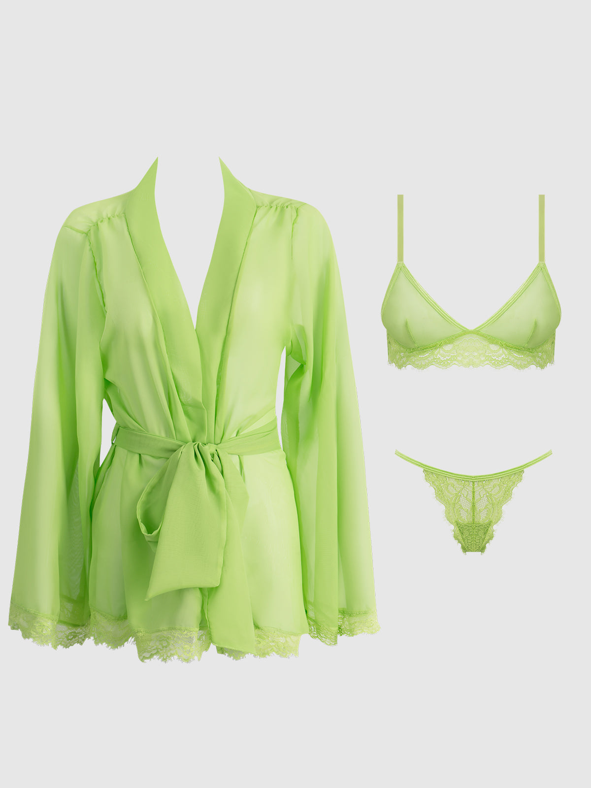 House of Desire Shavon Lace & Chiffon Robe, Bralette & G-String Set - Green - product view
