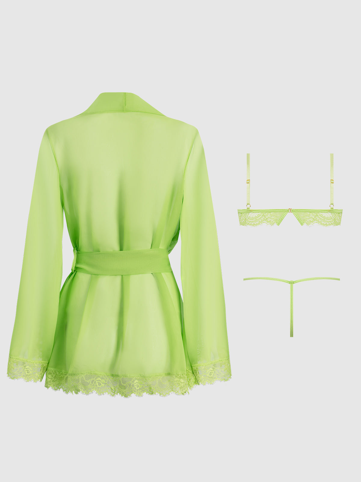 House of Desire Shavon Lace & Chiffon Robe, Bralette & G-String Set - Green - product view