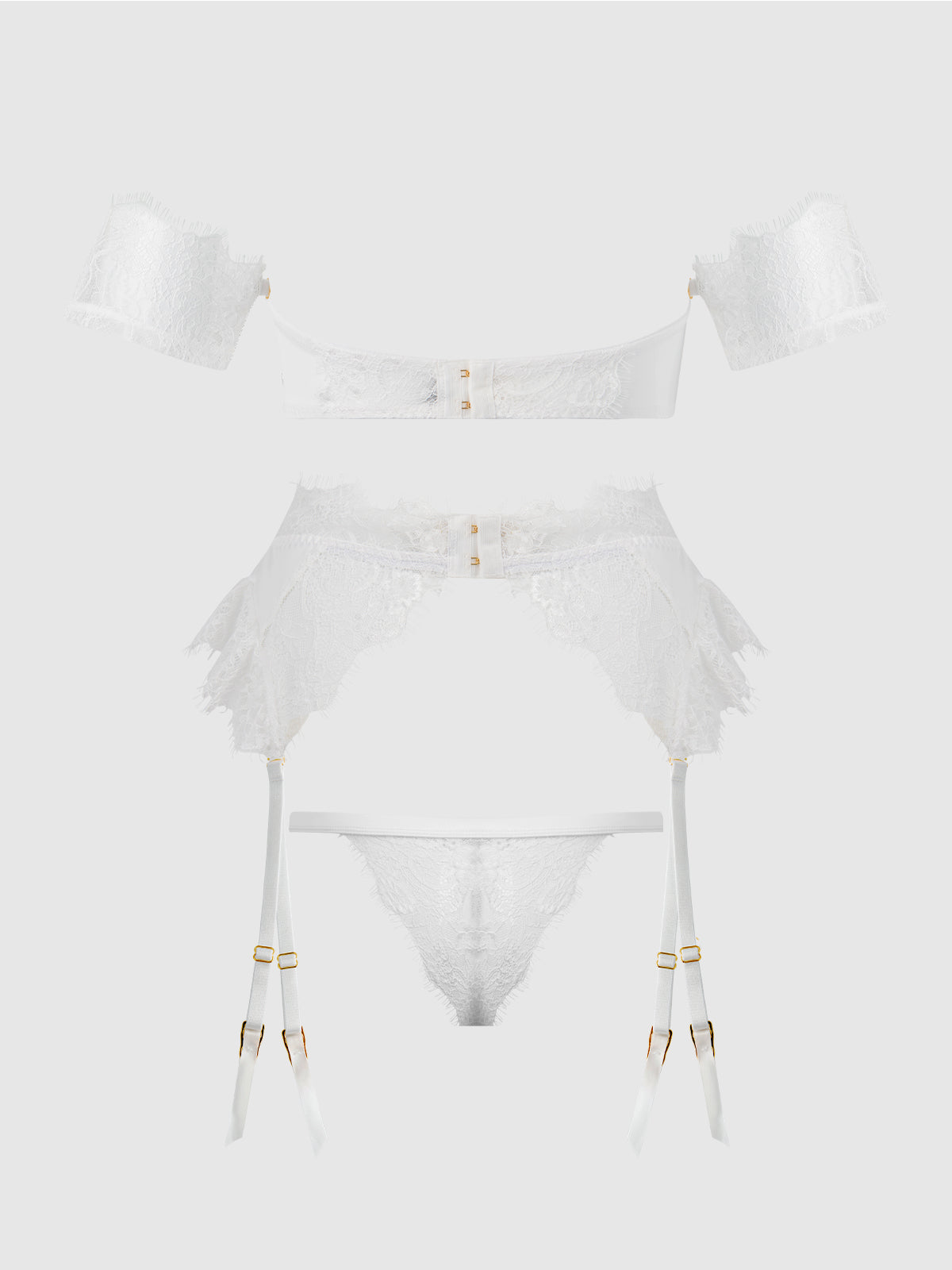 House of Desire Bridal Satin & Lace Strapless Bra, Garter Belt & Tanga Set - White - product view